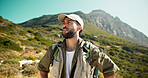 Exercise, hiking and thinking with man in mountains to explore for adventure hobby or backpacking. Fitness, health and travel with thoughtful hiker in nature environment for trekking or tourism