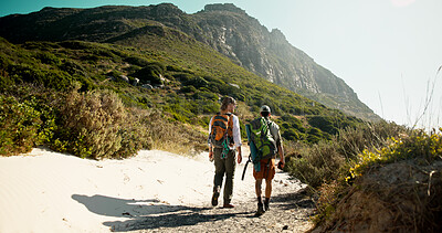 Buy stock photo Hiking, back or friends at mountain with support, connection or motivation for exploration goals. Adventure, backpack or people outdoor with walk, endurance or bonding together for trekking milestone