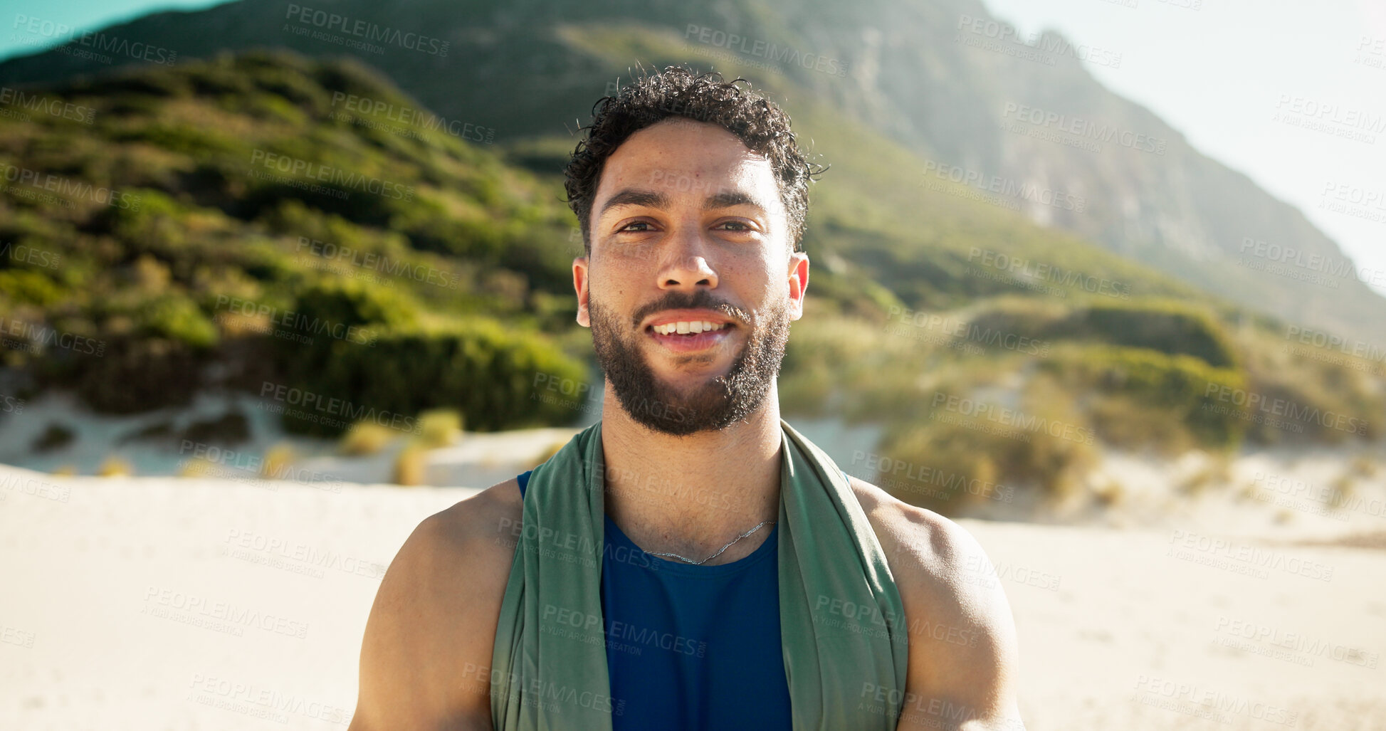 Buy stock photo Portrait, smile and man at beach for vacation, summer holiday and relax on tropical island. Travel, tourist and happy person at seashore for tourism, adventure and getaway outdoor in Costa Rica