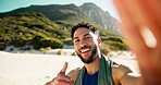 Man, selfie and fitness at beach with smile, thumbs up and portrait with break, sign and memory in summer. Person, happy and influencer with photography, profile picture or social media in Mexico