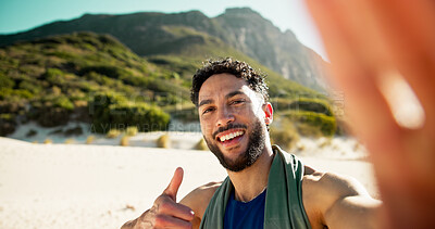 Buy stock photo Man, selfie and fitness at beach with smile, thumbs up and portrait with break, sign and memory in summer. Person, happy and influencer with photography, profile picture or social media in Mexico