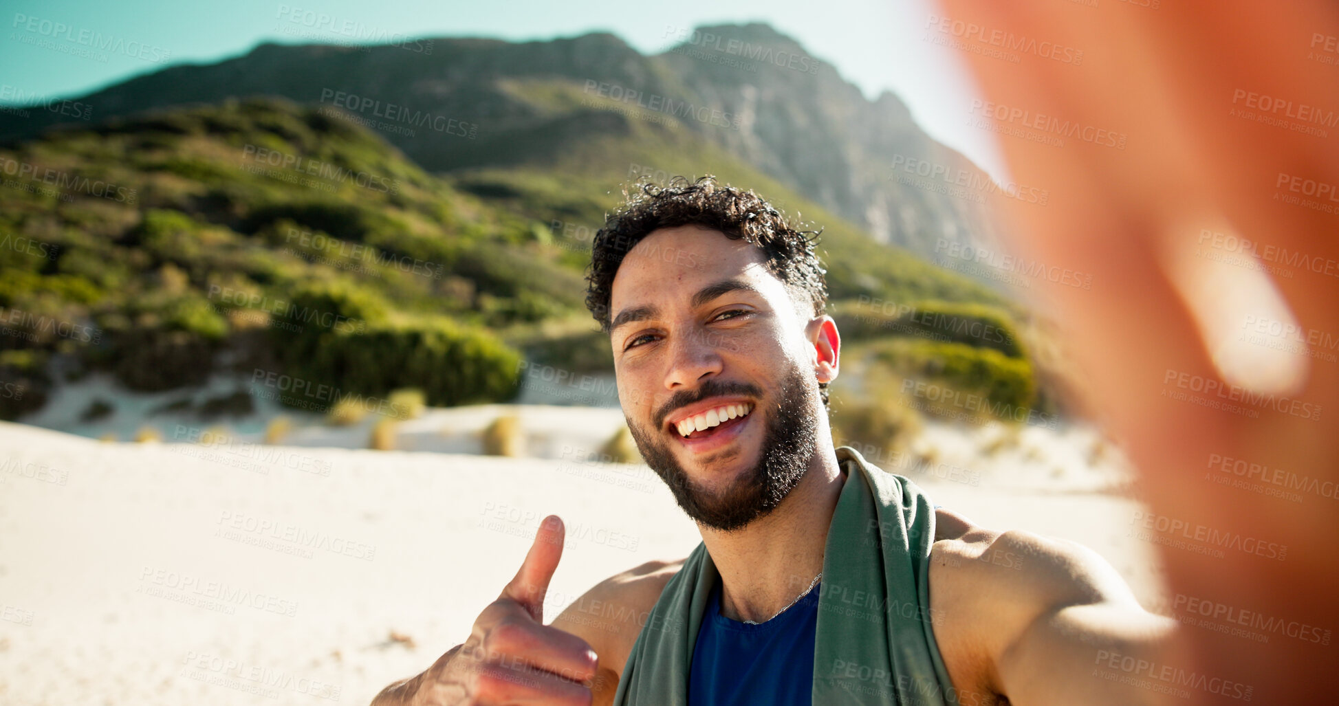 Buy stock photo Man, selfie and fitness at beach with smile, thumbs up and portrait with break, sign and memory in summer. Person, happy and influencer with photography, profile picture or social media in Mexico