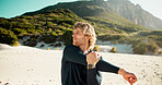 Man, fitness and stretching arms at beach with view for strong muscle, circulation or training. Person, runner and warm up for exercise, outdoor or ready for cardio challenge with routine in morning