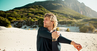 Buy stock photo Man, fitness and stretching arms at beach with view for strong muscle, circulation or training. Person, runner and warm up for exercise, outdoor or ready for cardio challenge with routine in morning