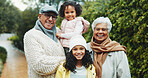 Portrait, outdoor or happy grandparents with children for family time, support or love for connection. Care, bonding or senior people with girls on park path, nature hike or weekend activity together