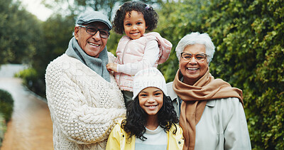 Buy stock photo Portrait, outdoor or happy grandparents with children for family time, support or love for connection. Care, bonding or senior people with girls on park path, nature hike or weekend activity together