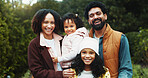 Travel, portrait and love with family in nature for adventure, getaway and bonding. Support, happiness and connection with parents and children outdoor park for smile, weekend break and tourism