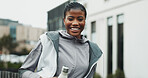 Portrait, laugh and black woman in city for fitness, wellness and smile with water bottle on break. African person, sports and happy runner outdoor for exercise, cardio and funny athlete in Kenya