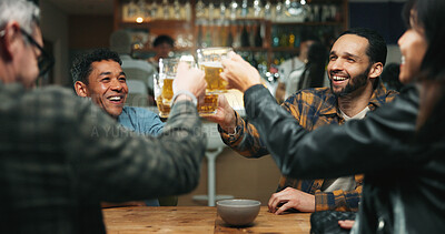 Buy stock photo Friends, party and toast beer at bar, celebration or excited for announcement, happy hour and drinks. People, glasses and cheers at pub with alcohol, success or congratulations for milestone at night