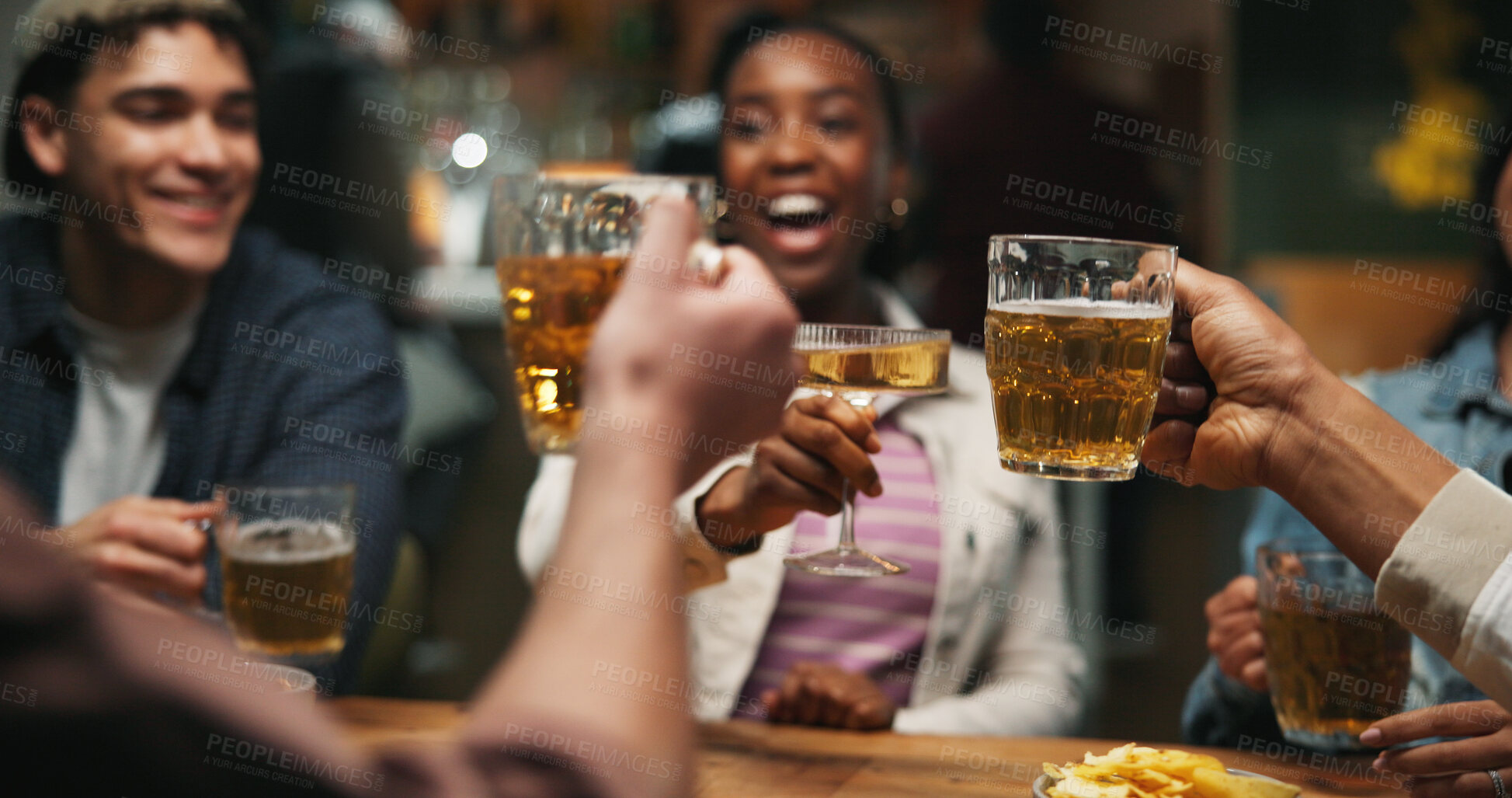 Buy stock photo Hands, toast beer and celebration at bar, excited friends and party with drinks for happy hour. People, glasses and cheers at pub with alcohol, success or social gathering at night for new years eve