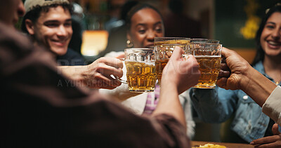 Buy stock photo Hands, toast beer and party at bar, excited friends and celebration with drinks for happy hour. People, glasses and cheers at pub with alcohol, success or social gathering at night for new years eve