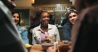 Buy stock photo Discussion, friends and people in pub, smile and bonding together with reunion. Group, men and women in restaurant, listening and relax with alcohol, liquor and social gathering with happiness