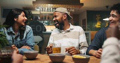 Buy stock photo Conversation, friends and people in pub, humor and bonding together with alcohol. Group, happy men and woman in restaurant, discussion and laughing with joke, funny and social gathering with beer