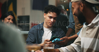 Buy stock photo People, payment and pos machine with phone in pub for purchase, banking or drinking in club. Man, friends and paying bill with mobile smartphone, NFC or app for beer, alcohol or beverage in bar