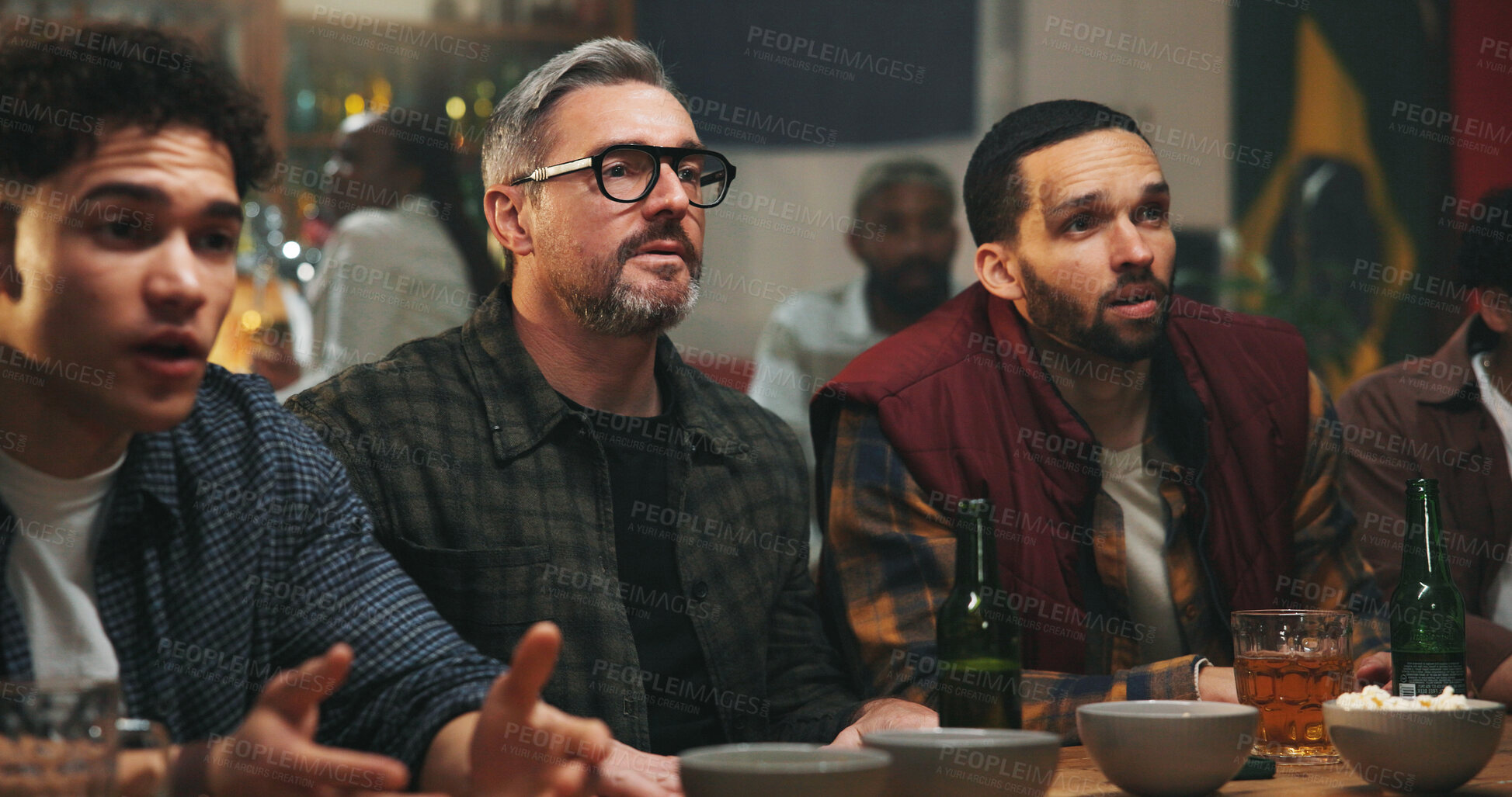 Buy stock photo Anxiety, watching tv and men in pub for sports game with championship for entertainment together. Stress, live streaming and group of male friends with football match in bar for online tournament.
