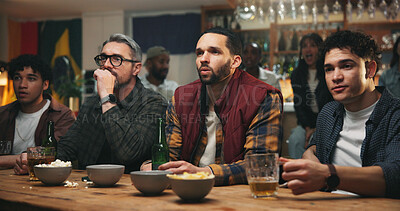 Buy stock photo Serious, watching tv and fans in pub for sports game with championship for entertainment together. Anxiety, live streaming and group of male friends with football match in bar for online tournament.