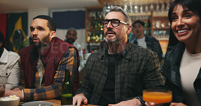 Buy stock photo Anxiety, watching tv and people in pub for sports game with championship for entertainment together. Stress, live streaming and group of friends with football match in bar for online tournament.