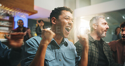 Buy stock photo Excited people, winning and watching tv with fist pump for sport victory, support or success in pub. Happy group, men or fans with celebration for goal, online entertainment or score in local bar