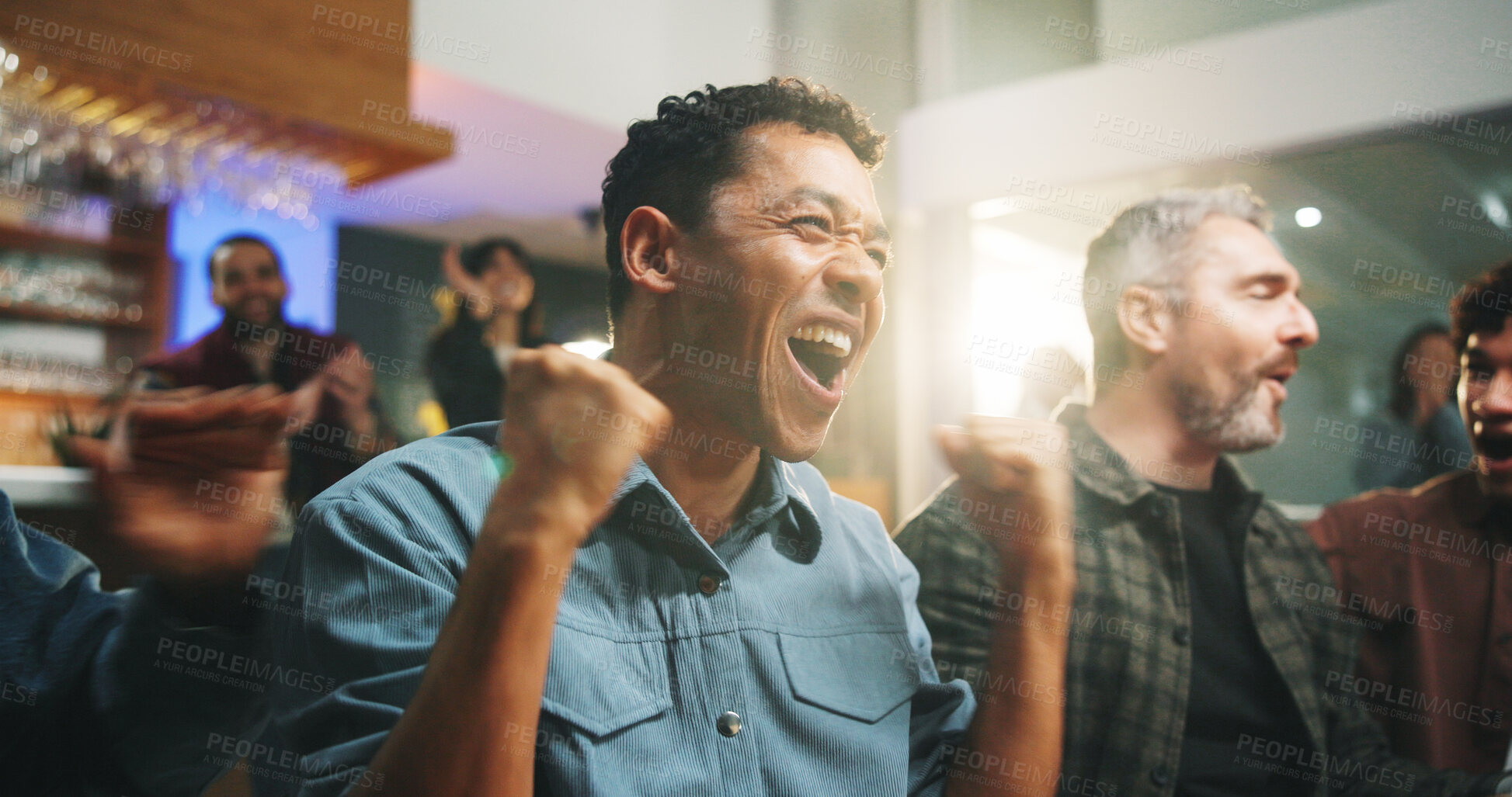 Buy stock photo Excited people, winning and watching tv with fist pump for sport victory, support or success in pub. Happy group, men or fans with celebration for goal, online entertainment or score in local bar
