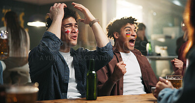 Buy stock photo Sports, watching and men in pub with reaction for score, goal and live streaming game. Bar, upset friends and people celebrate for team support, broadcast and match for social hangout with face paint