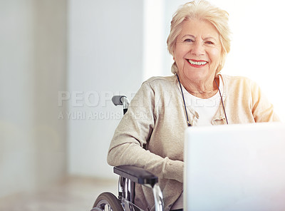 Buy stock photo Portrait, old woman and wheelchair with laptop in home for research, medical bills or treatment cost. Pc, space and senior person with disability for healthcare expenses, online payment and insurance