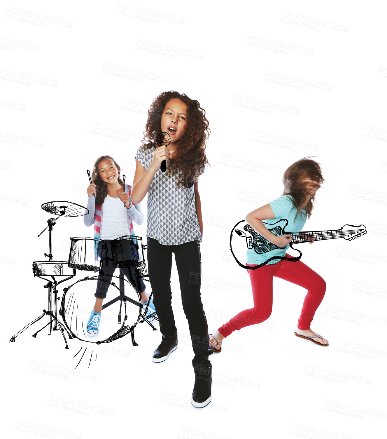 Buy stock photo Children, rock concert and studio portrait for singing, girl and happy for performance on white background. Kids, fantasy and musician group with microphone, overlay or dance with friends for show