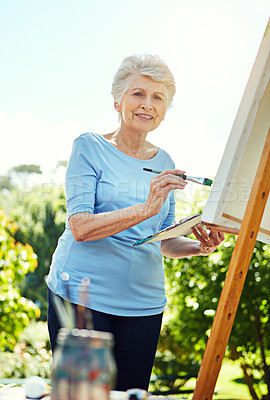 Buy stock photo Portrait, old woman and painting outdoor on canvas, nature inspiration and creative art. Elderly person, brush and drawing sketch on easel for artwork, craft technique and diy creation for retirement