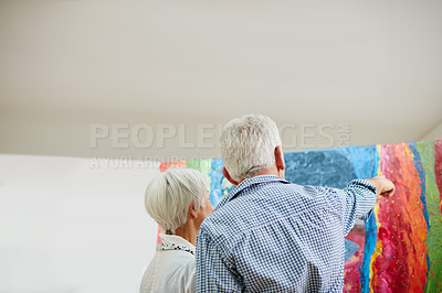 Buy stock photo Back, canvas or painting and senior couple in home studio with space for hobby or retirement. Artistic, painter and talent with old people in apartment for artwork, expression or wellness from below