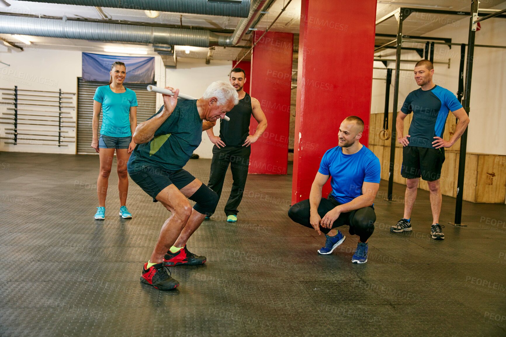 Buy stock photo Personal trainer, old man or squat in gym class with pipe for mobility, balance exercise or wellness. Coach, senior person or pvc equipment in health club with help for workout, stability or posture.