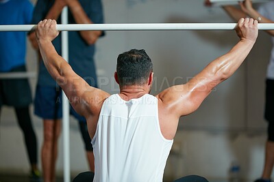 Buy stock photo Barbell, fitness and man in gym, back and strength training with wellness, challenge and power. Person, energy or athlete in health facility, equipment or workout with endurance and weightlifting