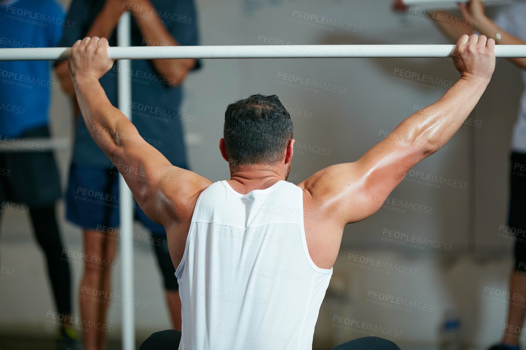 Buy stock photo Barbell, fitness and man in gym, back and strength training with wellness, challenge and power. Person, energy or athlete in health facility, equipment or workout with endurance and weightlifting