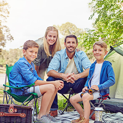 Buy stock photo Portrait, parents or children in forest for camping, connection or bonding on summer break. Happy, family or people in nature with tent, outdoor adventure or healthy relationship in spring getaway.