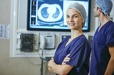 Buy stock photo Surgeon, woman or scan with arms crossed in theater for surgical planning, career pride or scrubs. Medical team, doctor or screen with CT imaging in clinic for operation, trust or ready for procedure