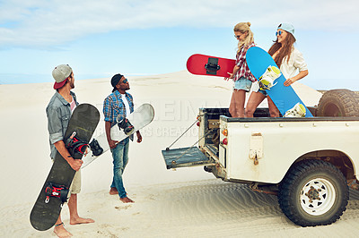 Buy stock photo Sand board, truck or friends in desert for vacation, outdoor activity or bonding in action sport. Equipment, dunes or people with sandy landscape for holiday, hobby or adrenaline experience together