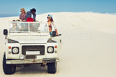 Buy stock photo People, off road and truck in desert, friends and travel for getaway, adventure or drive on summer vacation. Men, women and suv on dunes, space and sunglasses with all terrain transport on holiday