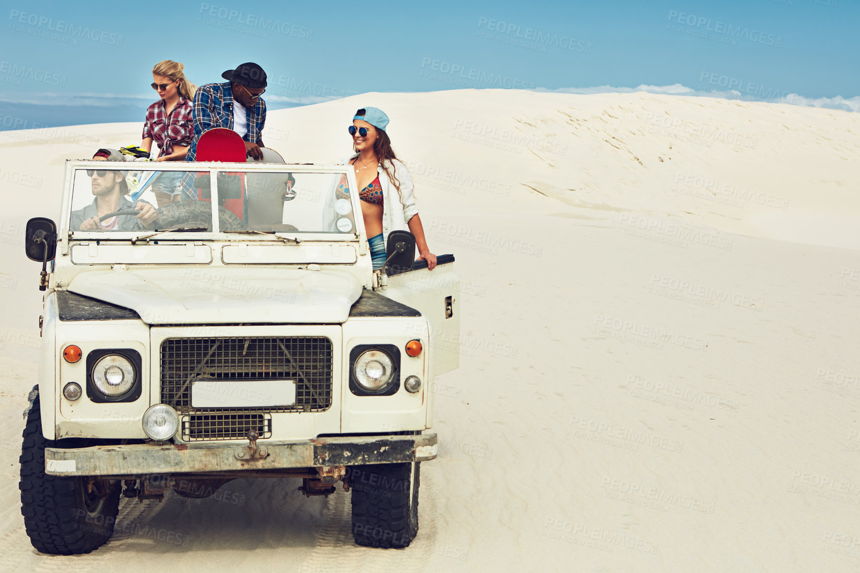 Buy stock photo People, off road and truck in desert, friends and travel for getaway, adventure or drive on summer vacation. Men, women and suv on dunes, space and sunglasses with all terrain transport on holiday