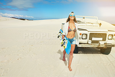 Buy stock photo Sand board, car and walking with woman outdoor for adventure, extreme sports or hobby. Adrenaline junkie, road trip and space with person in nature for holiday activity, sandboarding or vacation