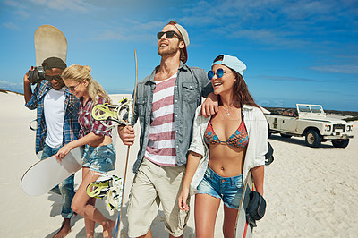 Buy stock photo Car, sand board and walking with friends outdoor together for adventure, journey or travel. Holiday, road trip and vacation with group of sandboarding people in nature for bonding or extreme sports