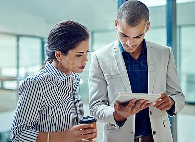 Buy stock photo Businessman, woman and tablet with team, strategy and planning with broker for review at insurance company. People, discussion and tech with application, insight or report at risk management agency