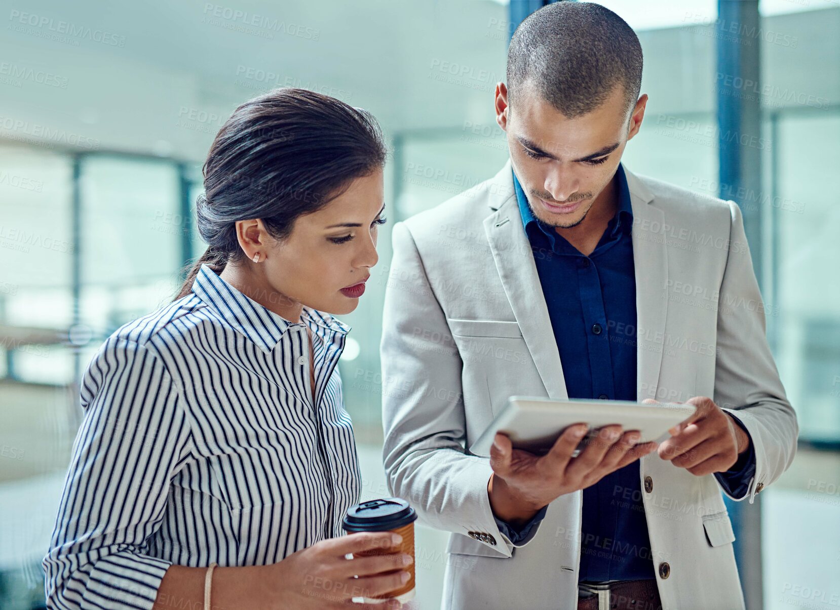 Buy stock photo Businessman, woman and tablet with team, strategy and planning with broker for review at insurance company. People, discussion and tech with application, insight or report at risk management agency
