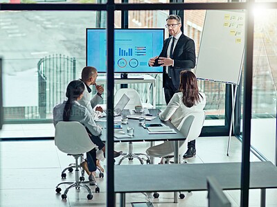 Buy stock photo Presentation, training and meeting with business man in office for investment data, broker review and speaker. Team, stock performance chart and infographic screen with employees for profit results