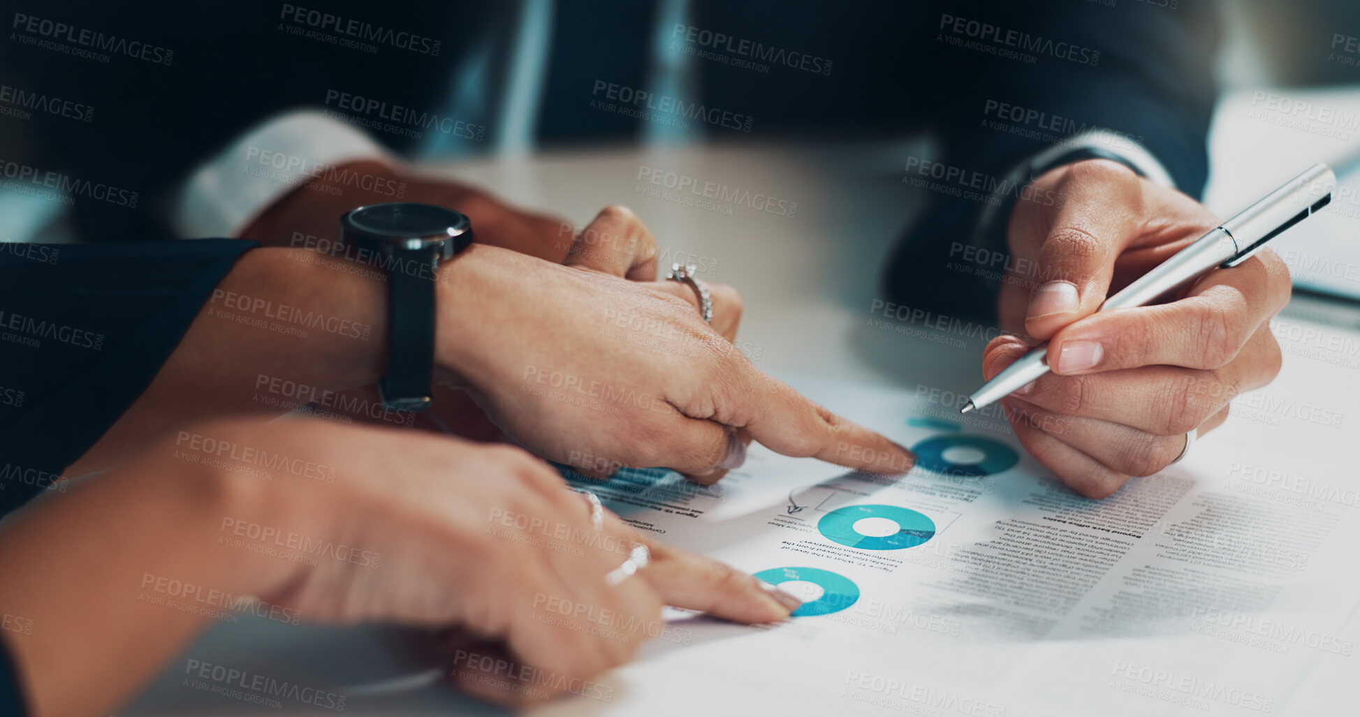 Buy stock photo Hands, document and business people in office for signature on corporate agreement with statistics. Meeting, finance paperwork and hr with candidate for filling recruitment contract for onboarding.