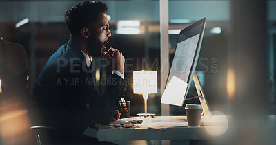 Buy stock photo Night, man and tired at computer for business, fatigue and overworked in office. Accountant, burnout and yawn at tech screen with boredom, exhausted and working overtime for deadline and commitment