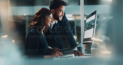 Buy stock photo Collaboration, computer and night with business people in office to search for location or venue. Corporate, deadline or overtime with smile of man and woman employee in workplace for web development