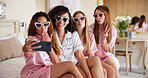 Sunglasses, bridesmaid and selfie with women in bedroom for wedding, bridal party and social media post. Celebration, picture and friends with people at home for ceremony, event or engagement