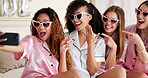 Sunglasses, wedding ring and selfie with women in bedroom for bridesmaids, bridal party and social media post. Celebration, picture and friends with people at home for ceremony, event or engagement