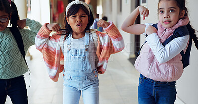 Buy stock photo Children, flex and strong at school for education, growth and excited for learning opportunity. Girls, portrait or strength in academy for brain power, energy or show muscle for knowledge development