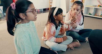 Buy stock photo Students, girl and children on floor in classroom for reading group, learning and academic development. Kindergarten, kids and learner on ground at school for study activity, education or scholarship