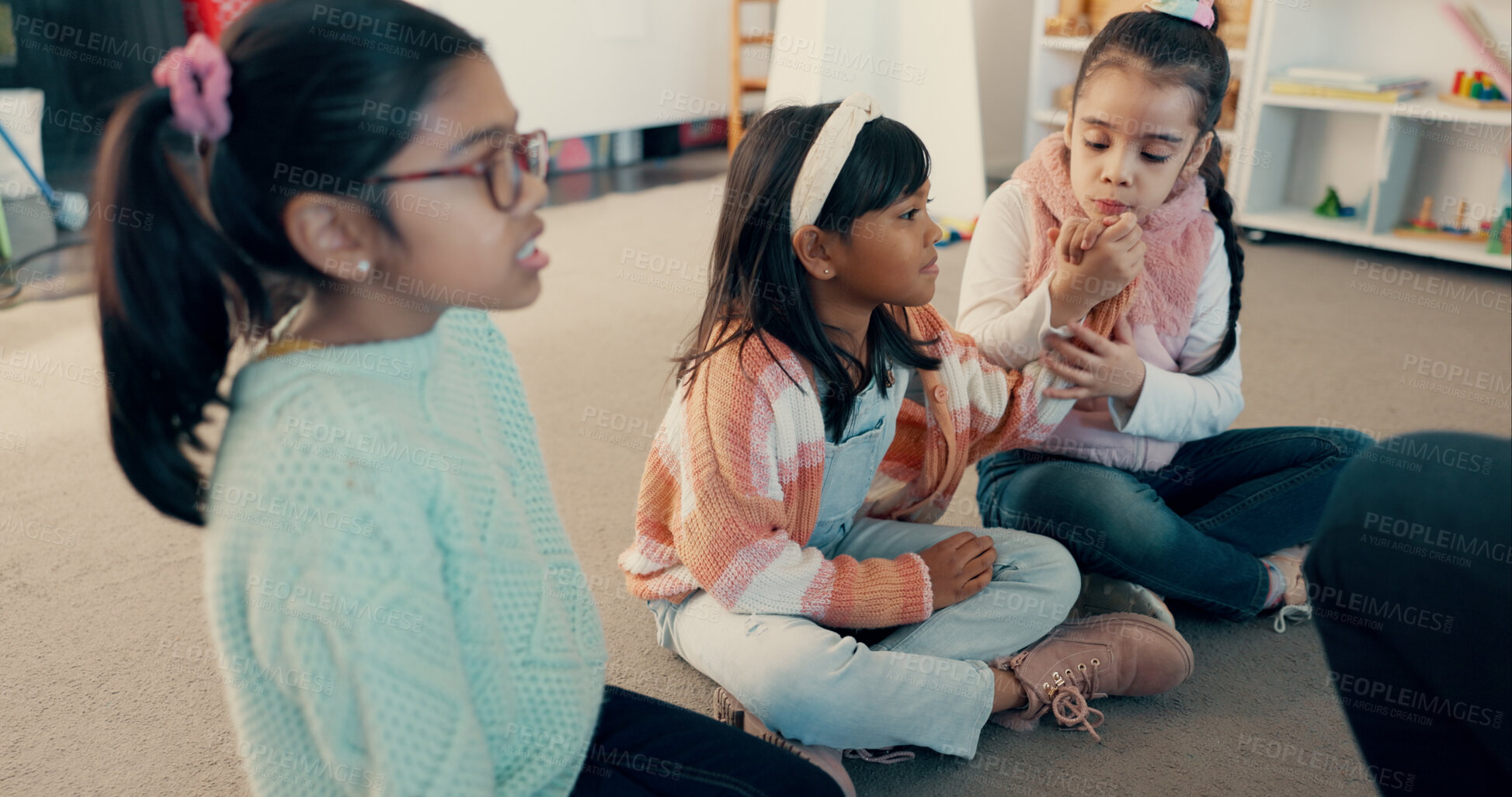Buy stock photo Students, girl and children on floor in classroom for reading group, learning and academic development. Kindergarten, kids and learner on ground at school for study activity, education or scholarship