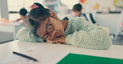 Buy stock photo Girl, child and fatigue with sleeping in classroom with drawing, color or art with burnout at academy. Kid, lazy and rest with  sketch, bear and tired for education, development or creative at school